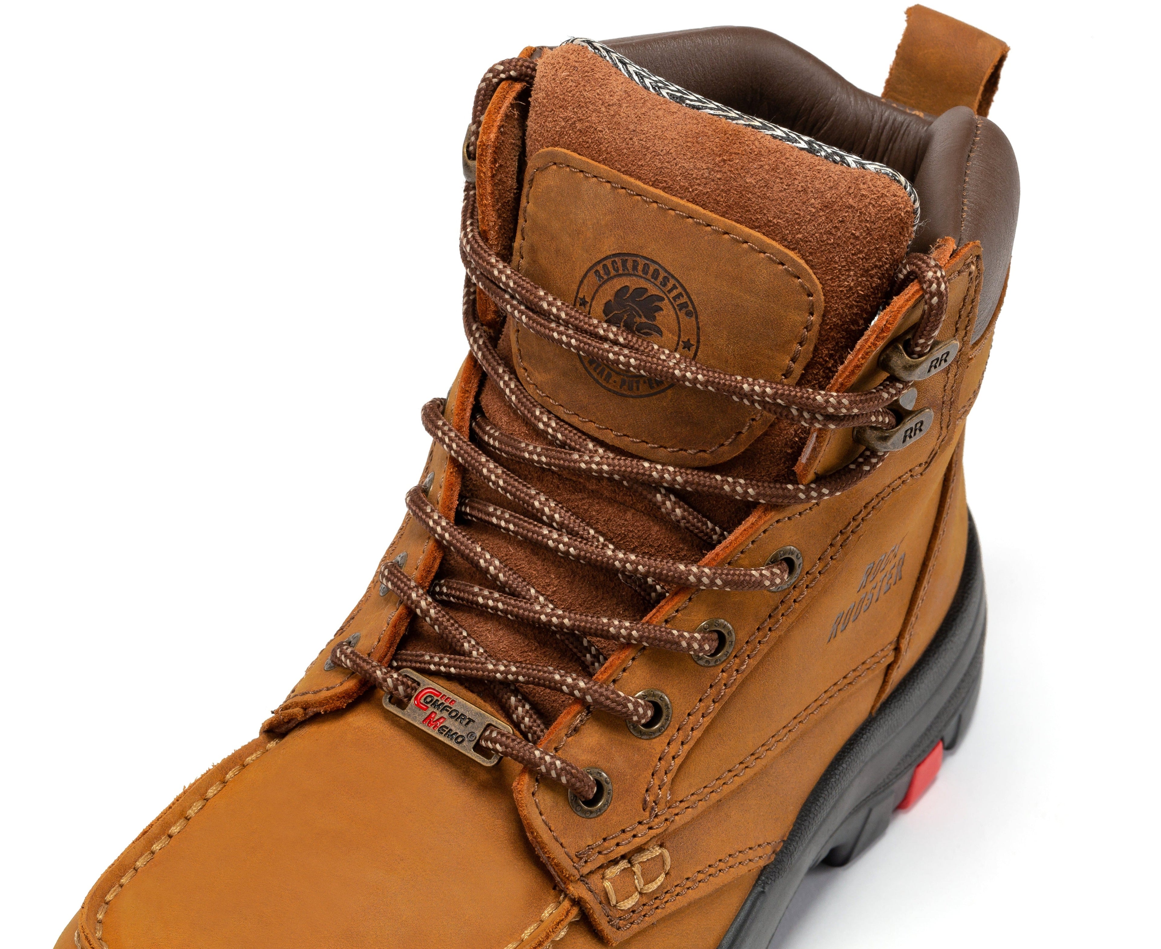 Rockrooster Zumbro 6-inch steel toe work boots with rubber outsole and EH protection, ASTM 2413 certified, in size selection.