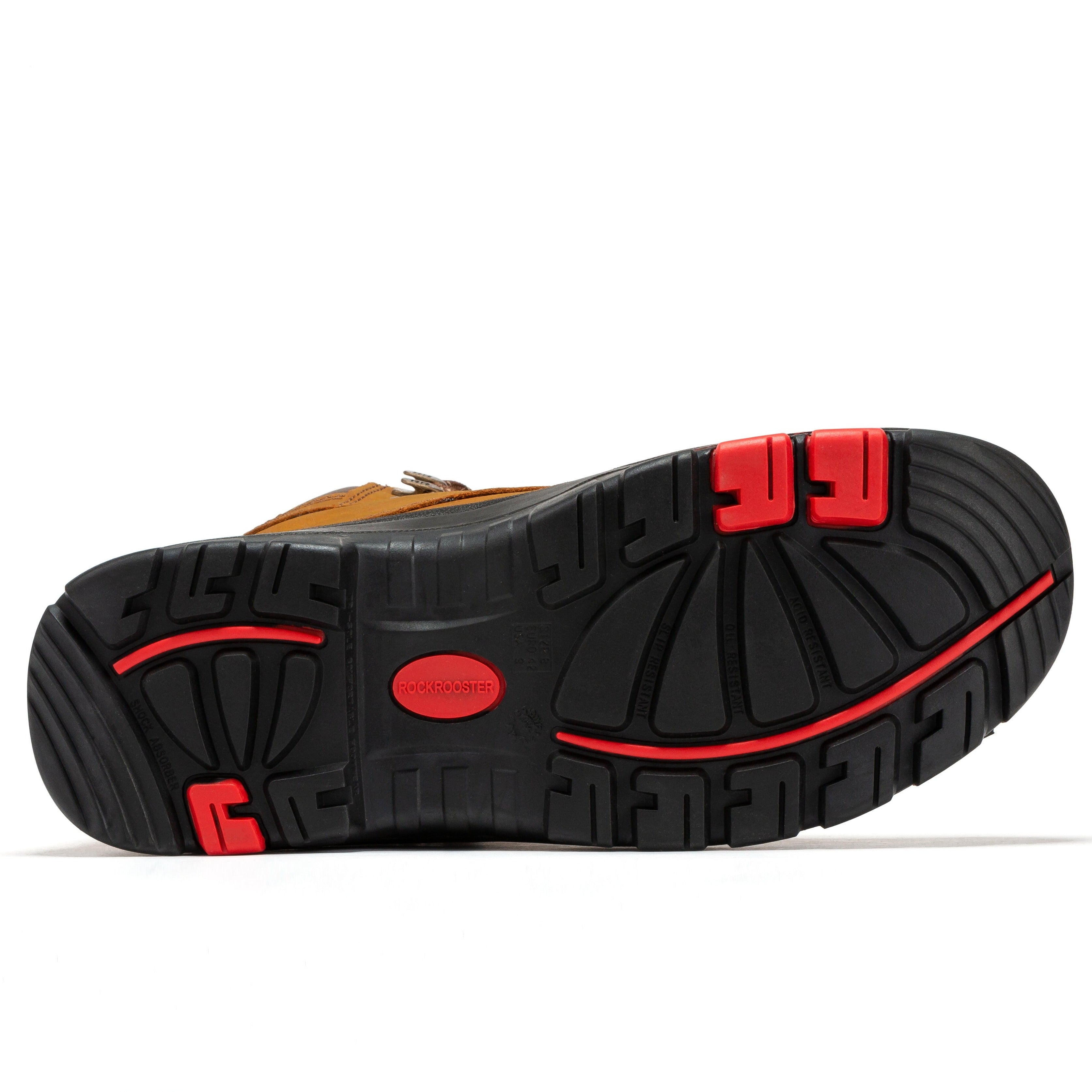 Rockrooster Zumbro work boots with 6-inch steel toe, rubber outsole, EH protection, ASTM 2413 safety standards, in size selection.