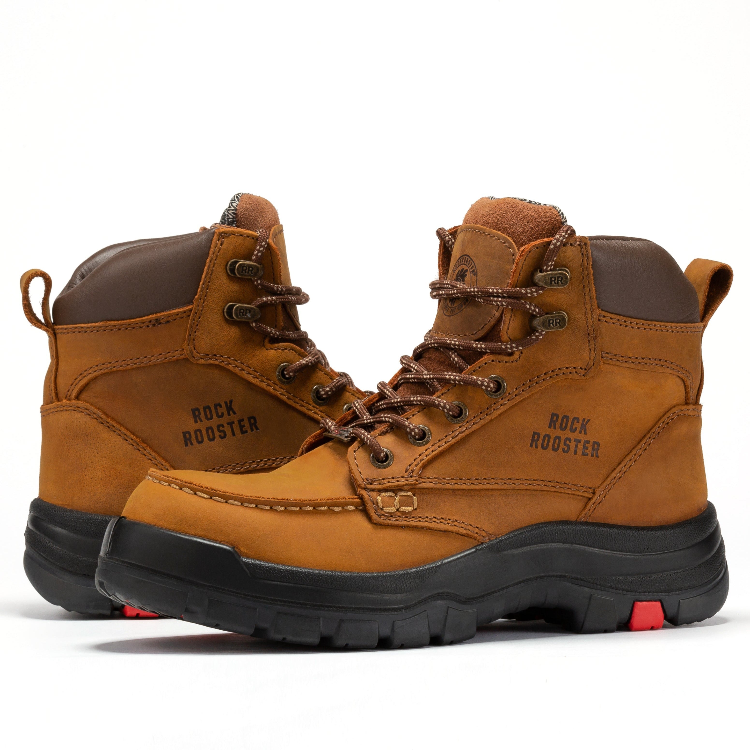 Rockrooster Zumbro 6-inch steel toe work boots with rubber outsole and EH protection, ASTM 2413 rated for safety.