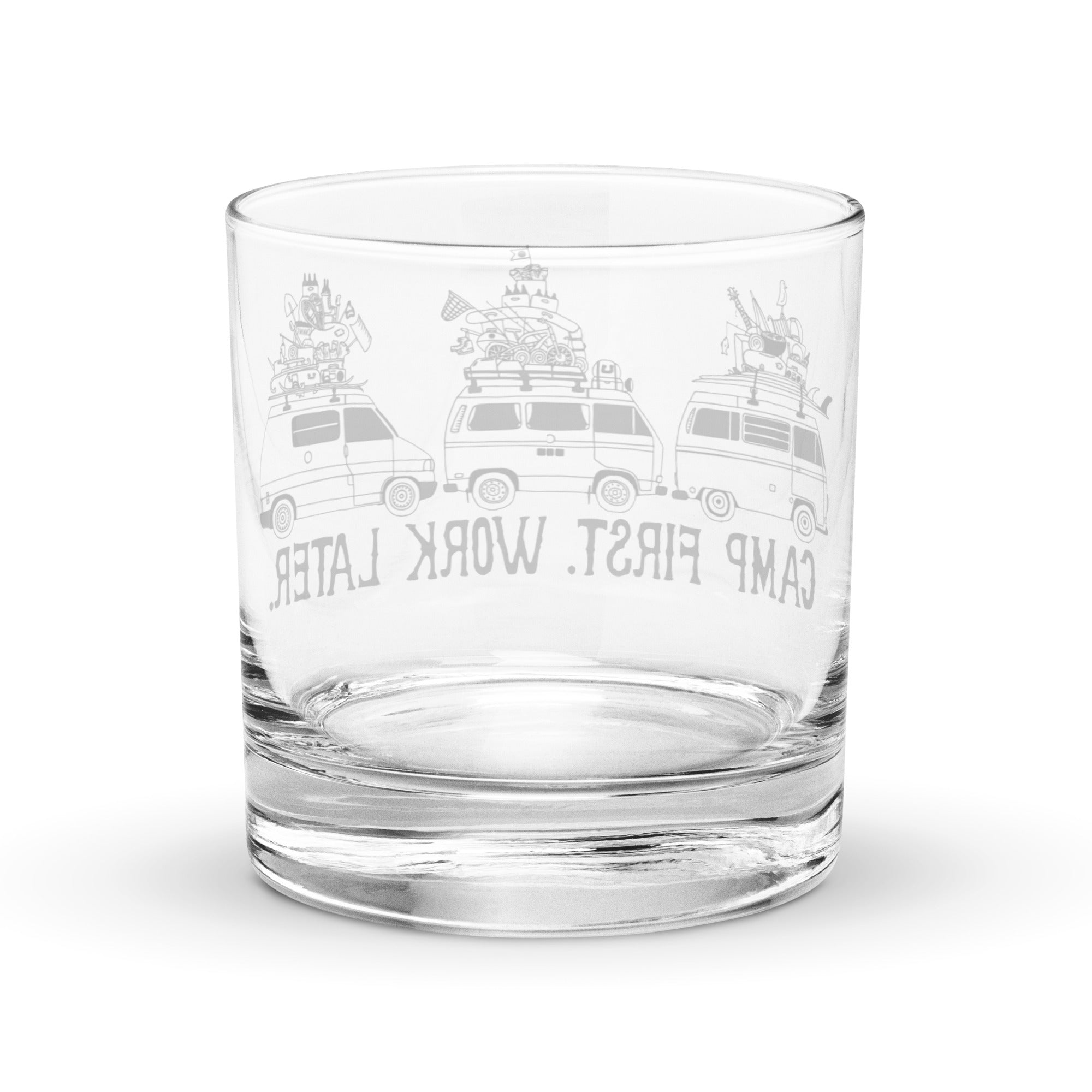 Camp First, Work Later Van Line-Up Rocks Glass - OVERLANDERS Outfitter