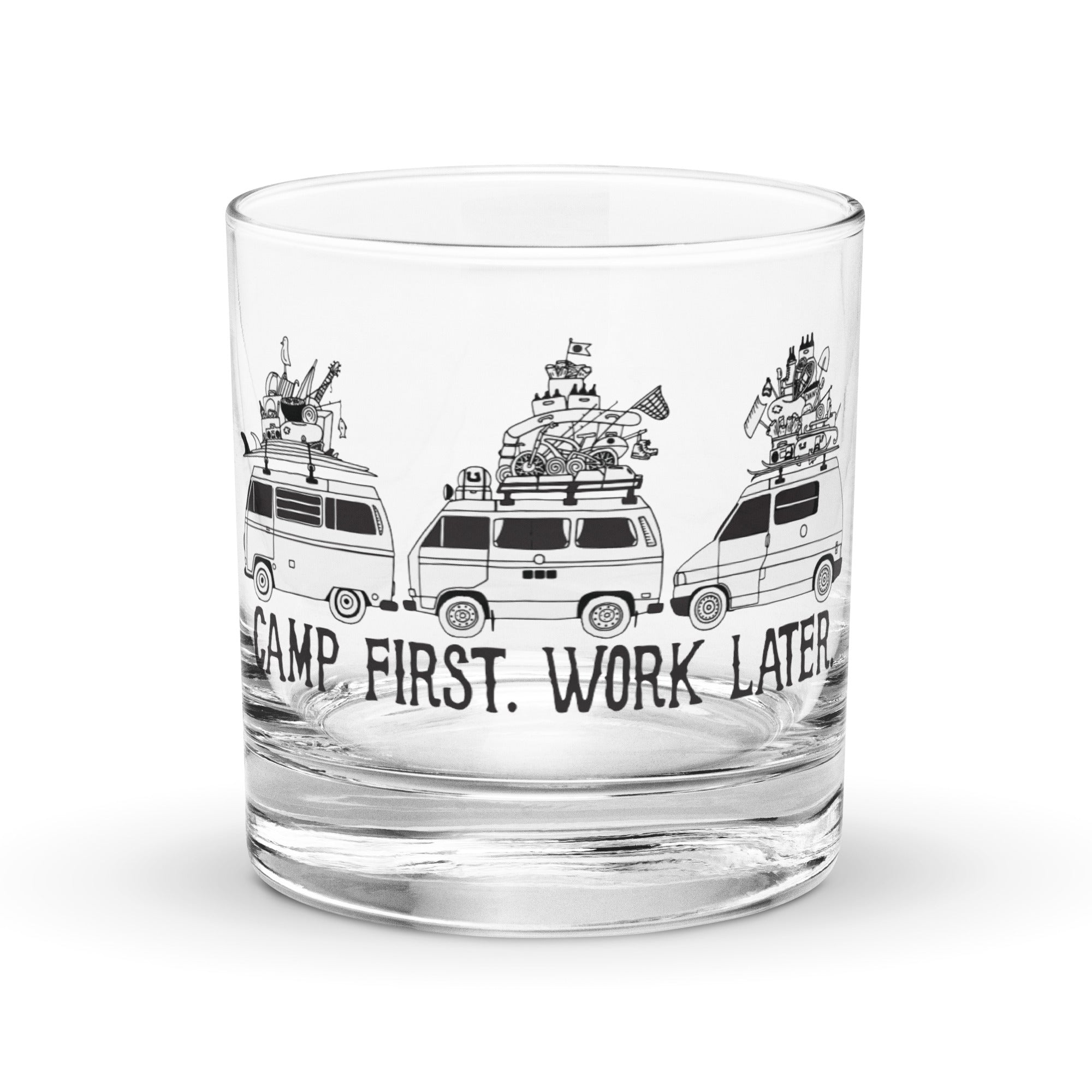 Camp First, Work Later Van Line-Up Rocks Glass - OVERLANDERS Outfitter