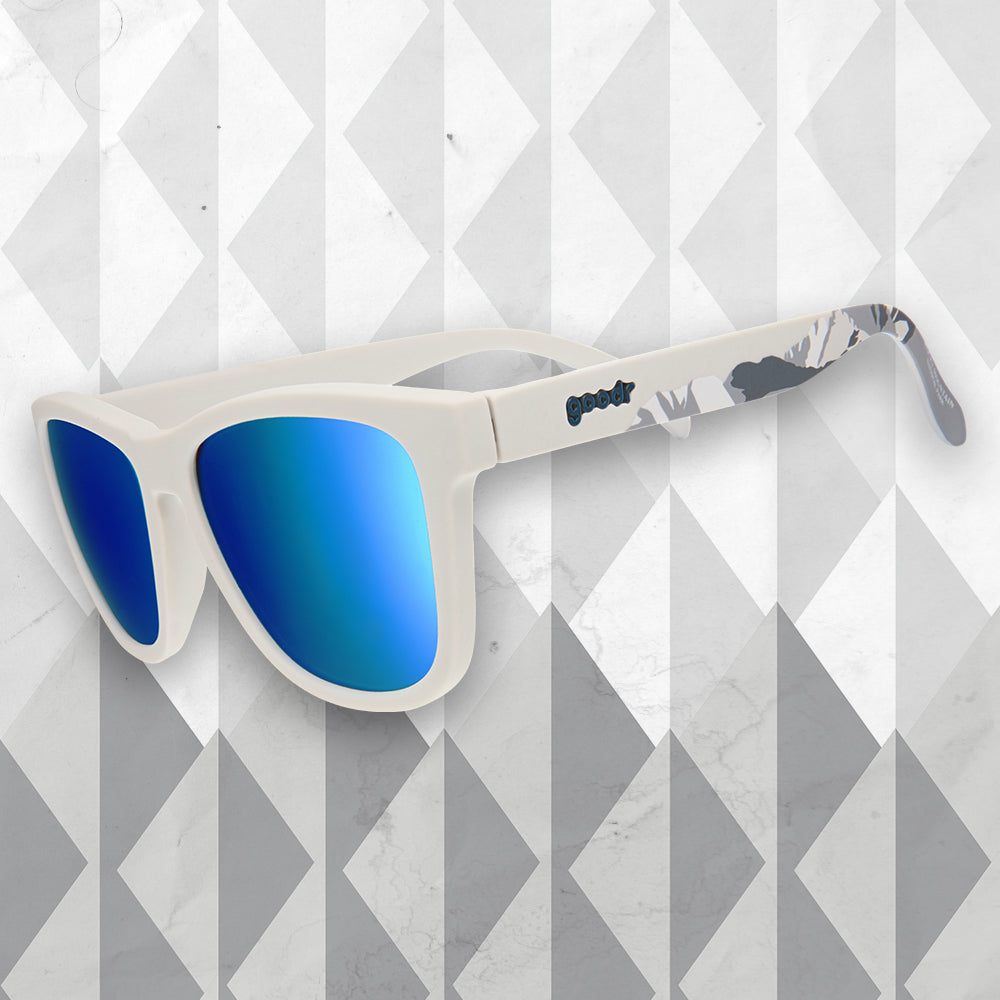 Rare Air Discs Rocky Mountains limited edition polarized sunglasses in a square frame, outdoor lifestyle shot.
