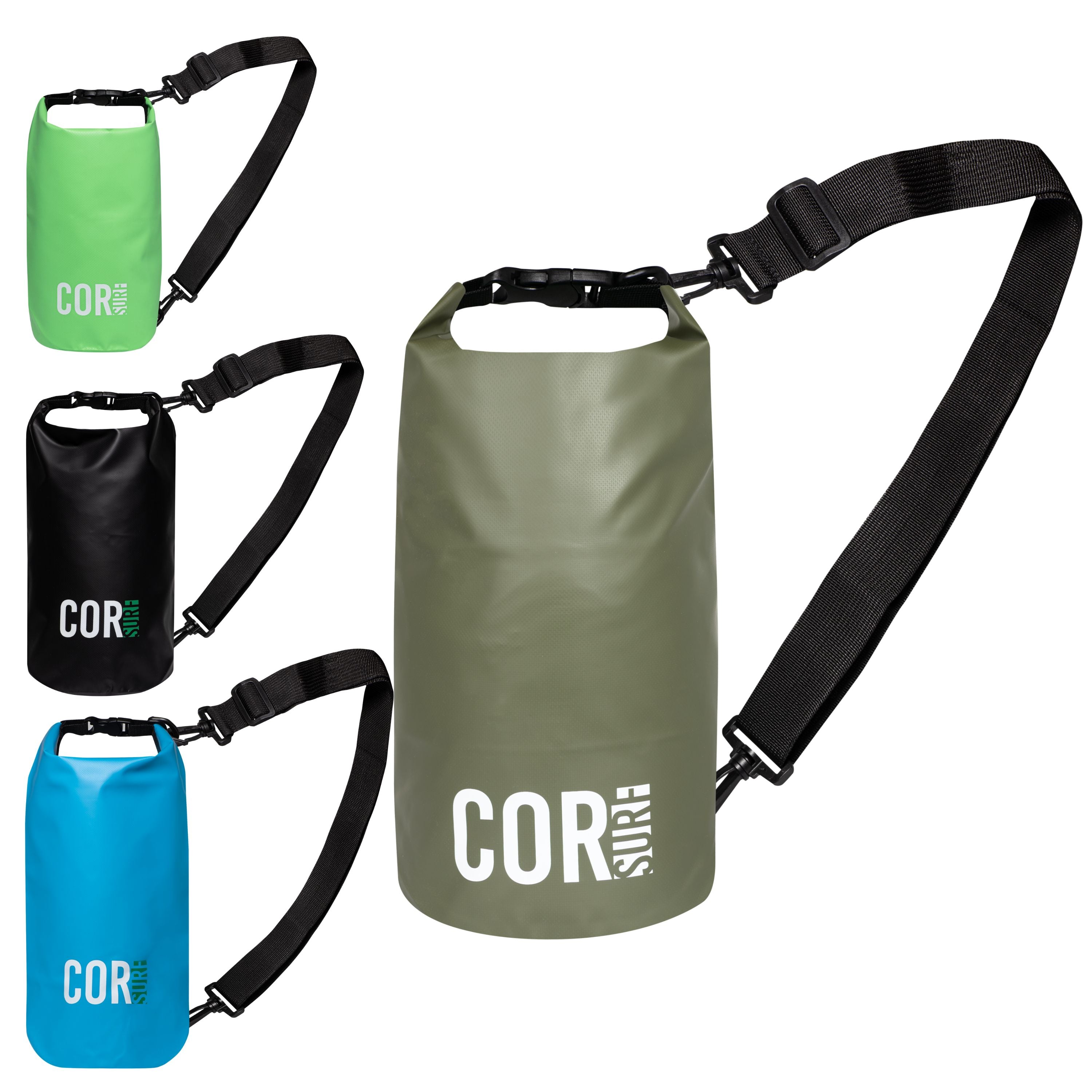 COR Surf dry bags in 3L, 5L, 10L, and 15L sizes with roll-top closure, waterproof accessories for outdoor adventures.