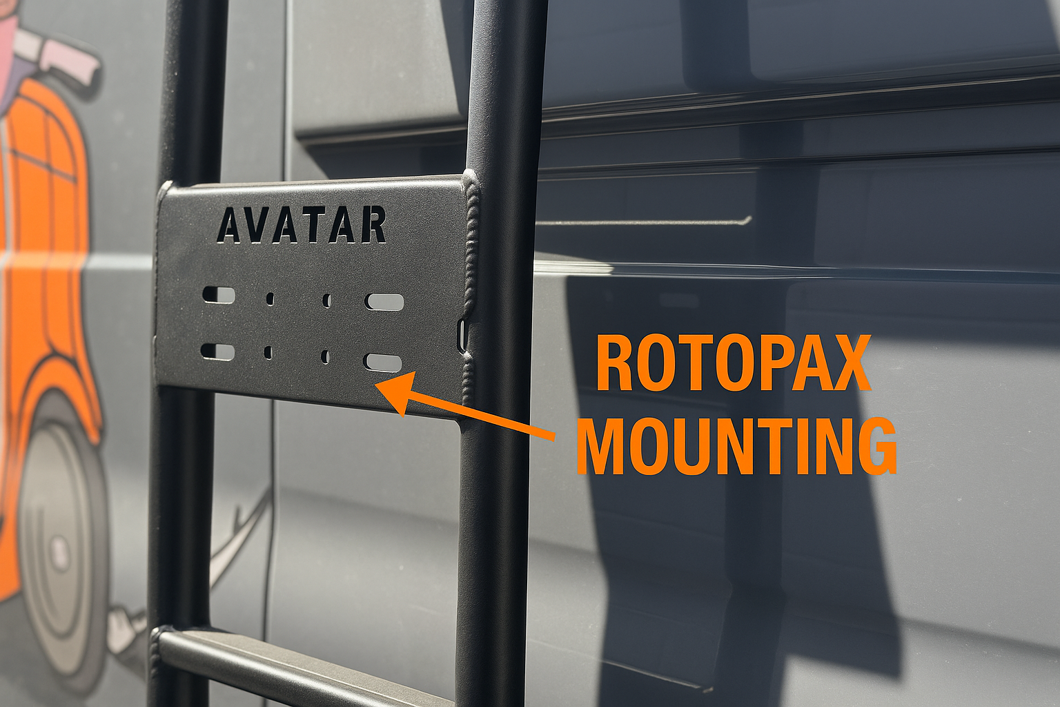 Mercedes Sprinter Van side ladder by Avatar Offroad, compatible with Rotopax, mounted on the vehicle for roof access.