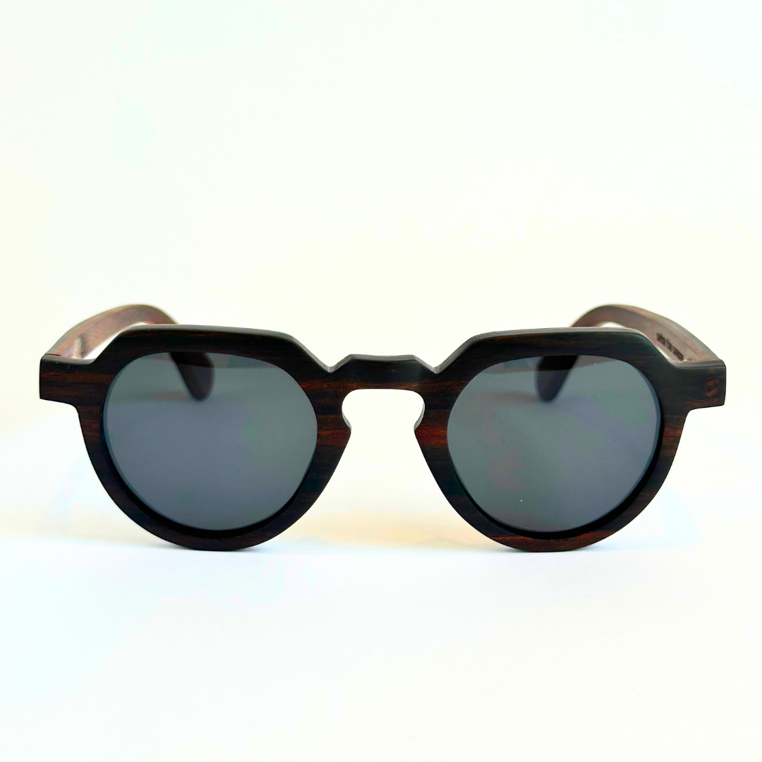 Eastern Outer Wallsburg sunglasses with round wood and carbon fiber frames, stylish and lightweight eyewear.