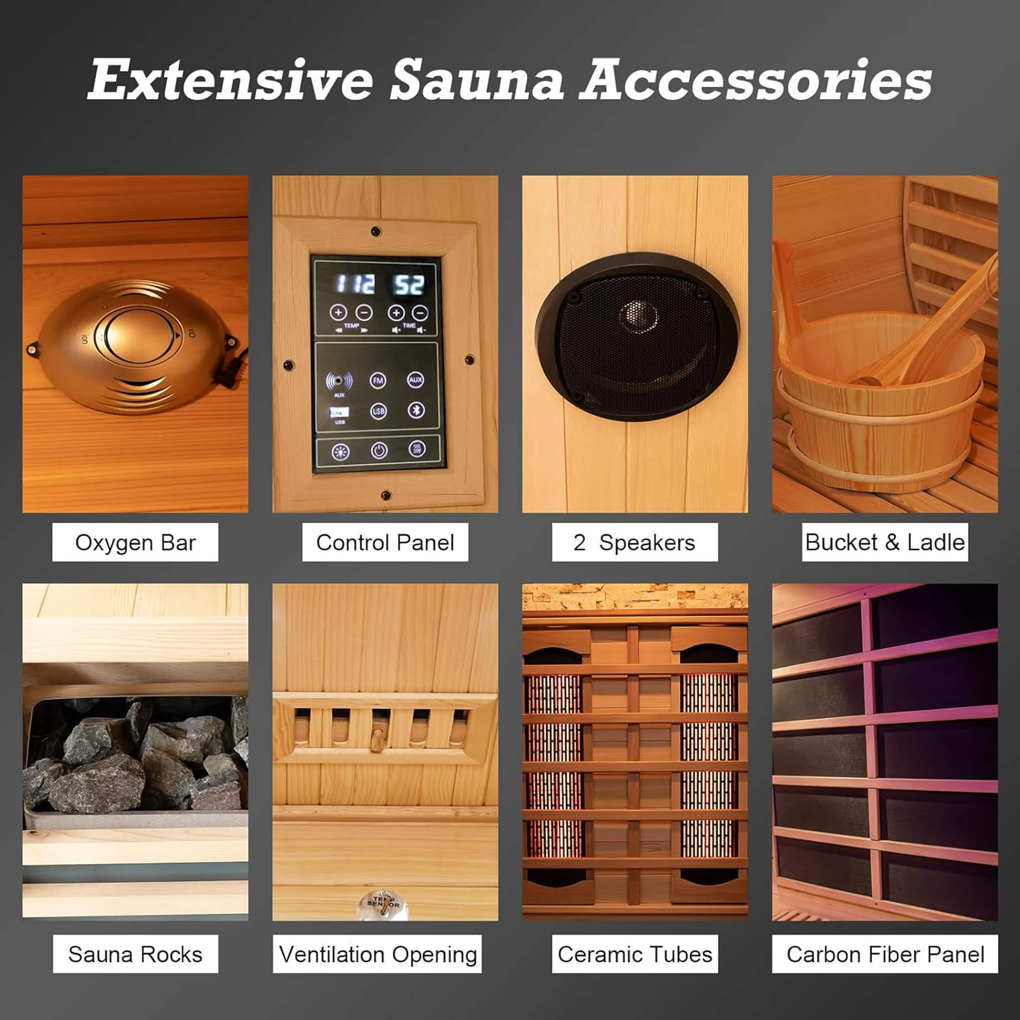 Rövia Aurora 3-Person Indoor Hybrid Sauna with infrared panels and 4.5KW steam heater, featuring wooden interior and control panel.