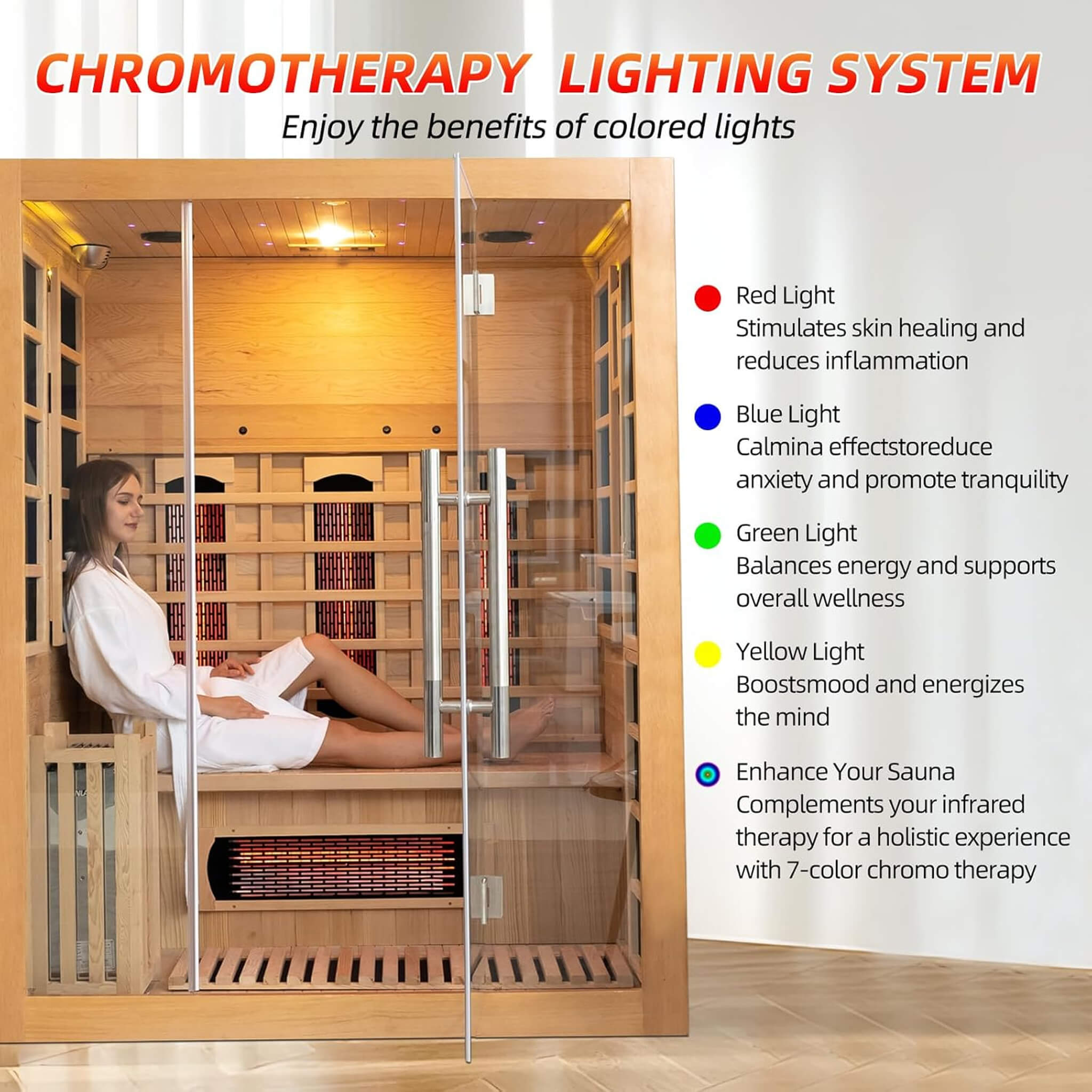 Rövia Aurora 3-person indoor hybrid sauna with infrared panels, steam heater, and chromotherapy lighting system.