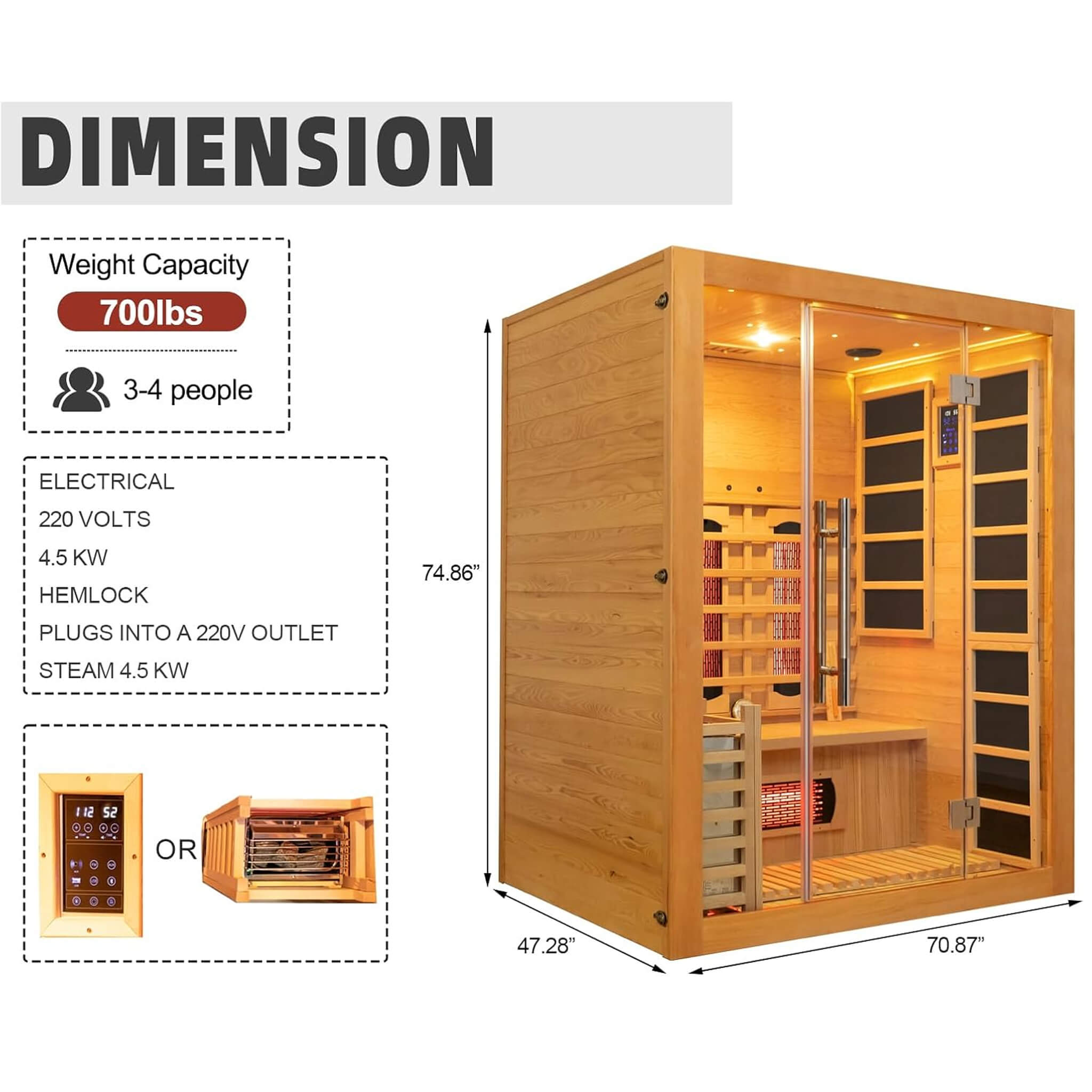 Rövia Aurora 3-Person Indoor Hybrid Sauna Room with infrared panels and 4.5KW steam heater, shown with wooden interior seating.