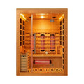 Rövia Aurora 3-person indoor hybrid sauna with infrared and steam heater, front view showing wooden interior and control panels.