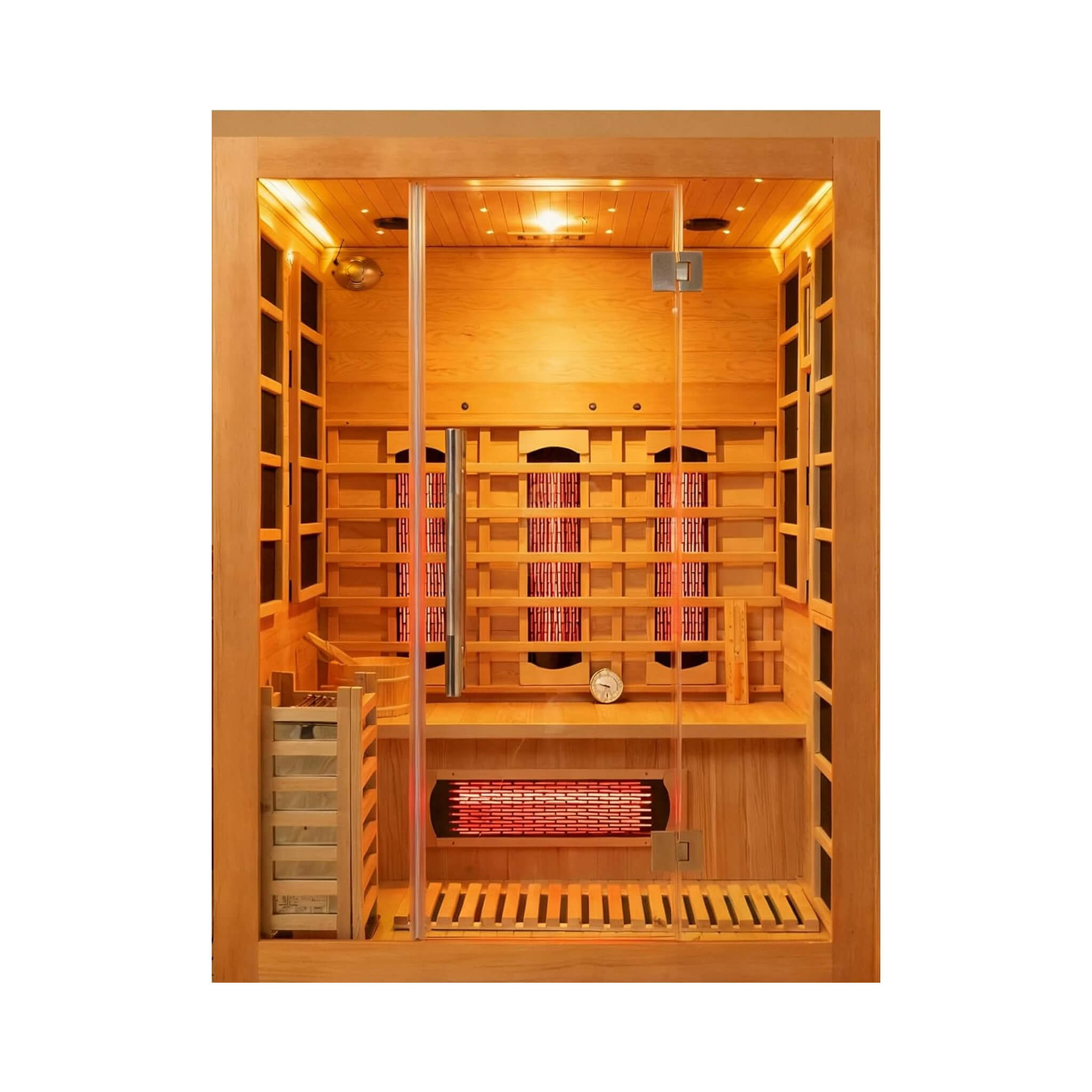 Rövia Aurora 3-person indoor hybrid sauna with infrared and steam heater, front view showing wooden interior and control panels.
