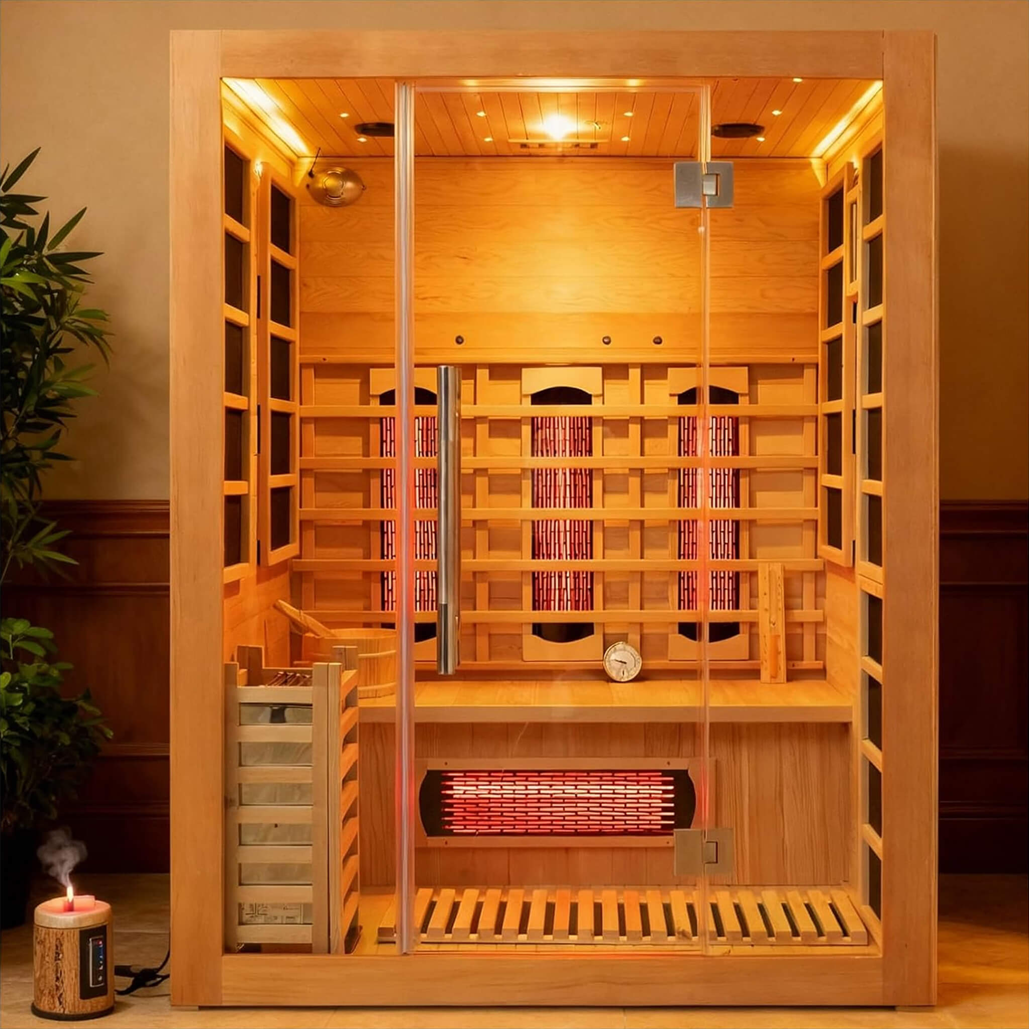 Rövia Aurora 3-person indoor hybrid sauna room with infrared panels and 4.5KW steam heater, visible in a modern home setting.