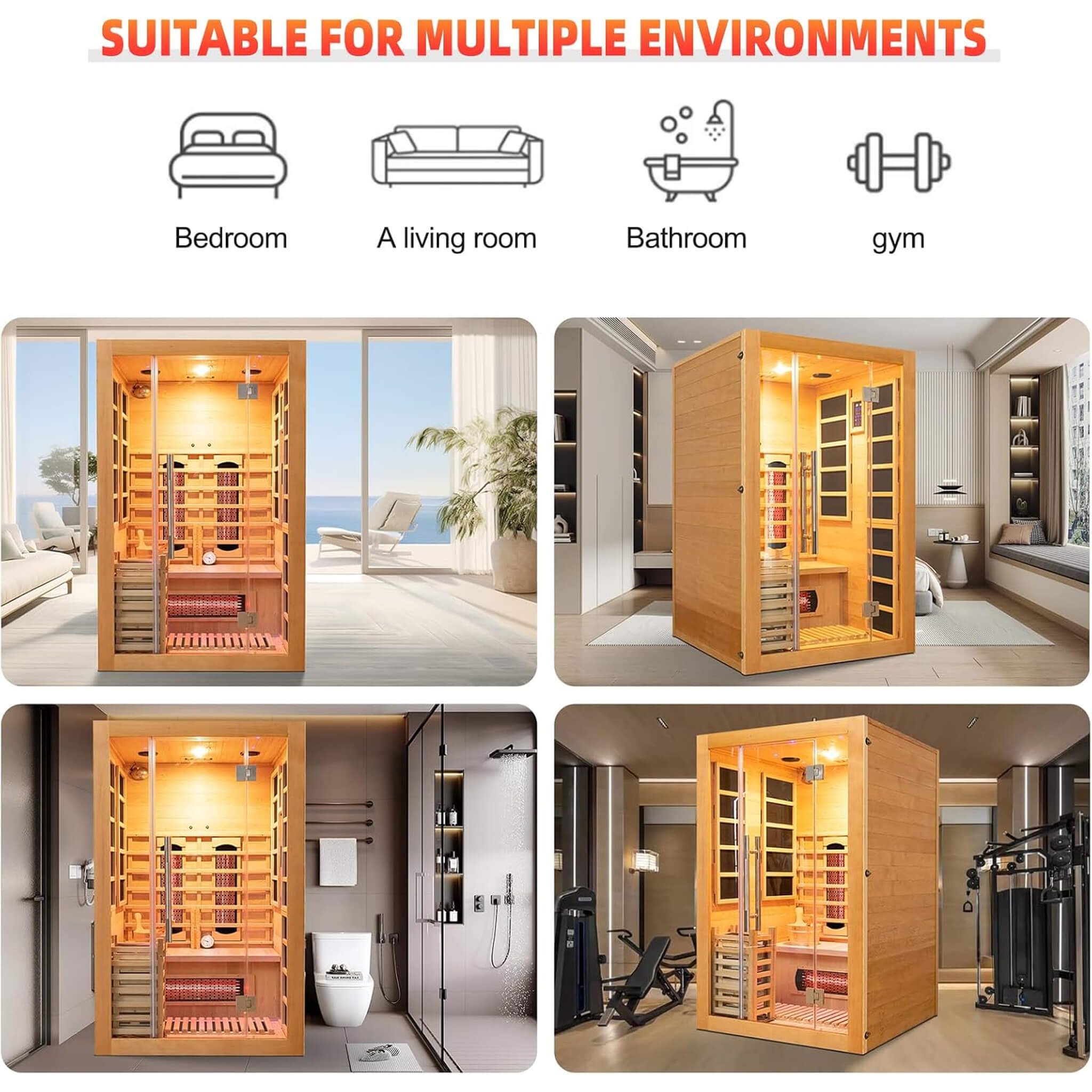 Rövia Aurora 3-Person Indoor Hybrid Sauna Room with infrared panels and 4.5KW steam heater, designed for home wellness relaxation.