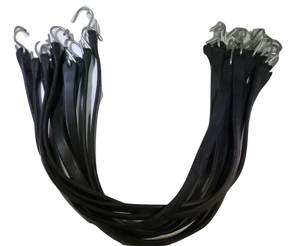 Set of flatbed rubber tarp straps with crimped S-hooks, bundled in groups of 10 for secure cargo fastening.