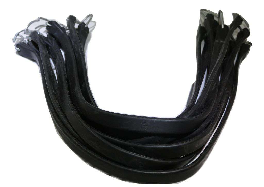 Set of flatbed rubber tarp straps with crimped S-hooks, bundled in groups of 10 for secure cargo fastening from RatchetStrap.Com