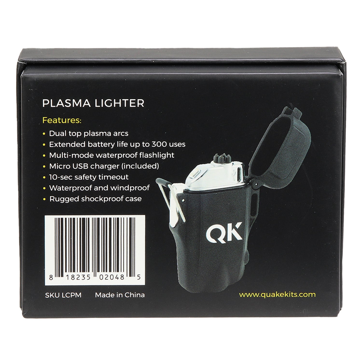 Rugged Quakekits plasma lighter with dual arcs, waterproof and windproof, featuring a built-in flashlight and USB rechargeable design.