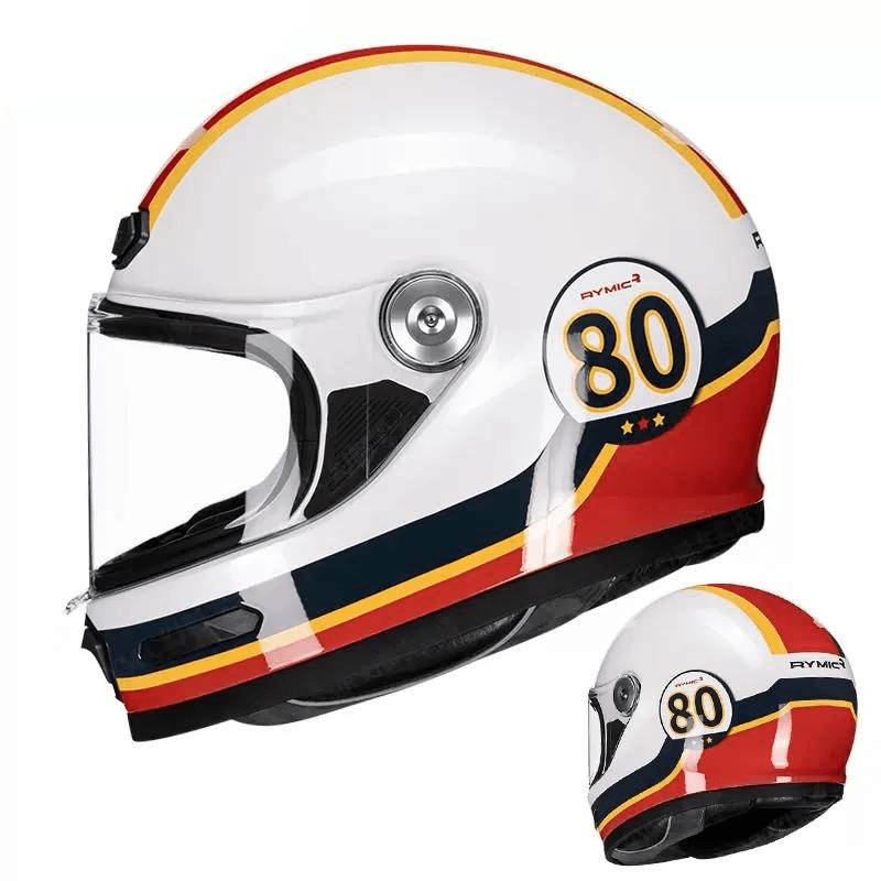 RYMIC™ V80 full face helmet in black with clear visor, featuring aerodynamic design and adjustable straps for motorcycle riding.