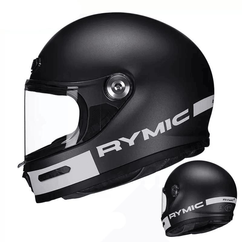 RYMIC™ V80 full face motorcycle helmet in matte black, with clear visor and venting system, designed for safety and comfort.