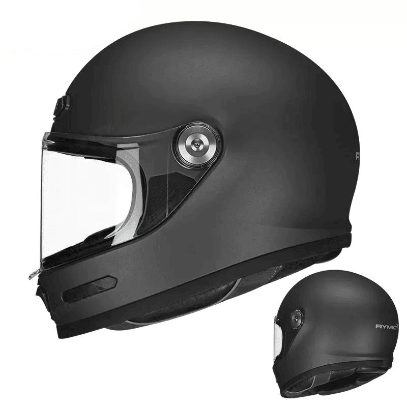 Full face RYMIC™ V80 motorcycle helmet in matte black with clear visor, designed for safety and comfort.