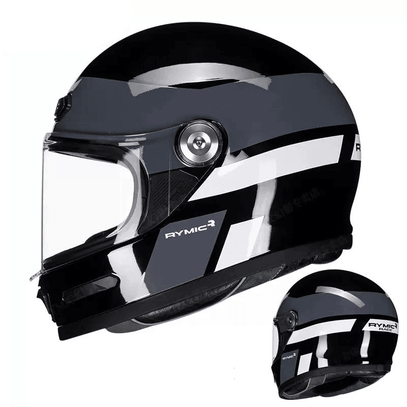 RYMIC™ V80 full face motorcycle helmet in black with clear visor, featuring aerodynamic design and adjustable straps.