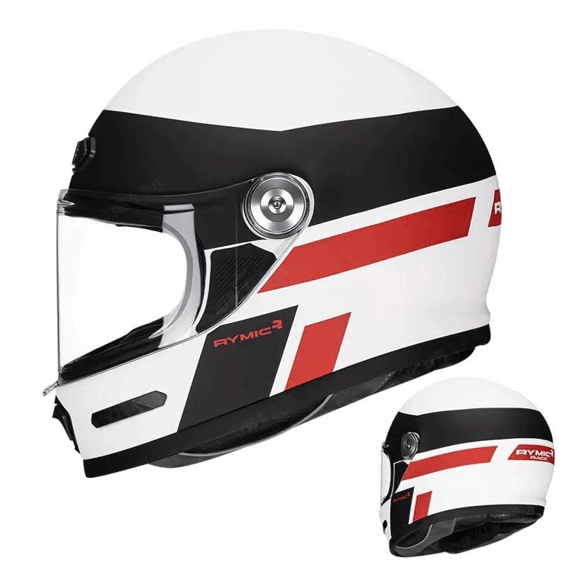 RYMIC™ V80 full face helmet by Bean's Moto Booth, showing sleek black design, adjustable straps, and clear visor for motorcycle riding.