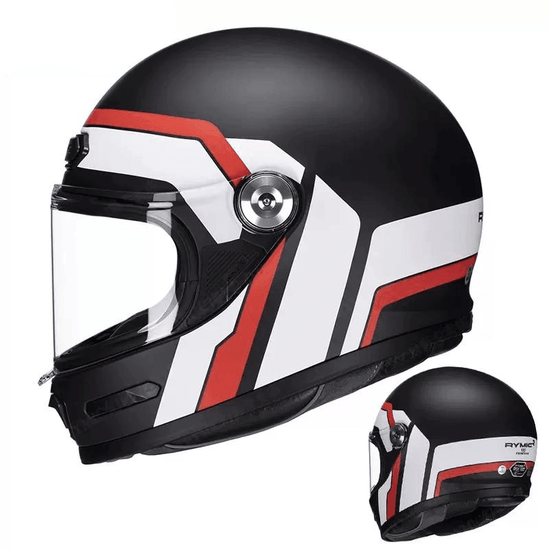 Full view of RYMIC™ V80 full face helmet in black, featuring a sleek design and clear visor for motorcycle riding.