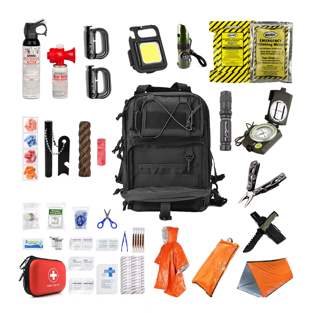 Entropy Survival Safe Trail 'Survive All' Go Bag emergency preparedness kit with supplies and gear for survival.