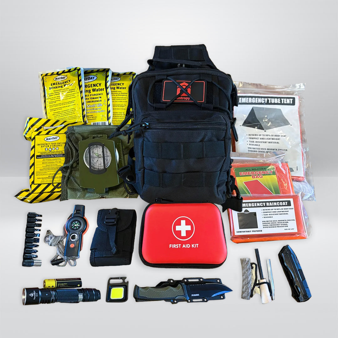 Gray Entropy Survival Safe Trail 'Survive All' Go Bag emergency preparedness kit with multiple compartments and survival gear.
