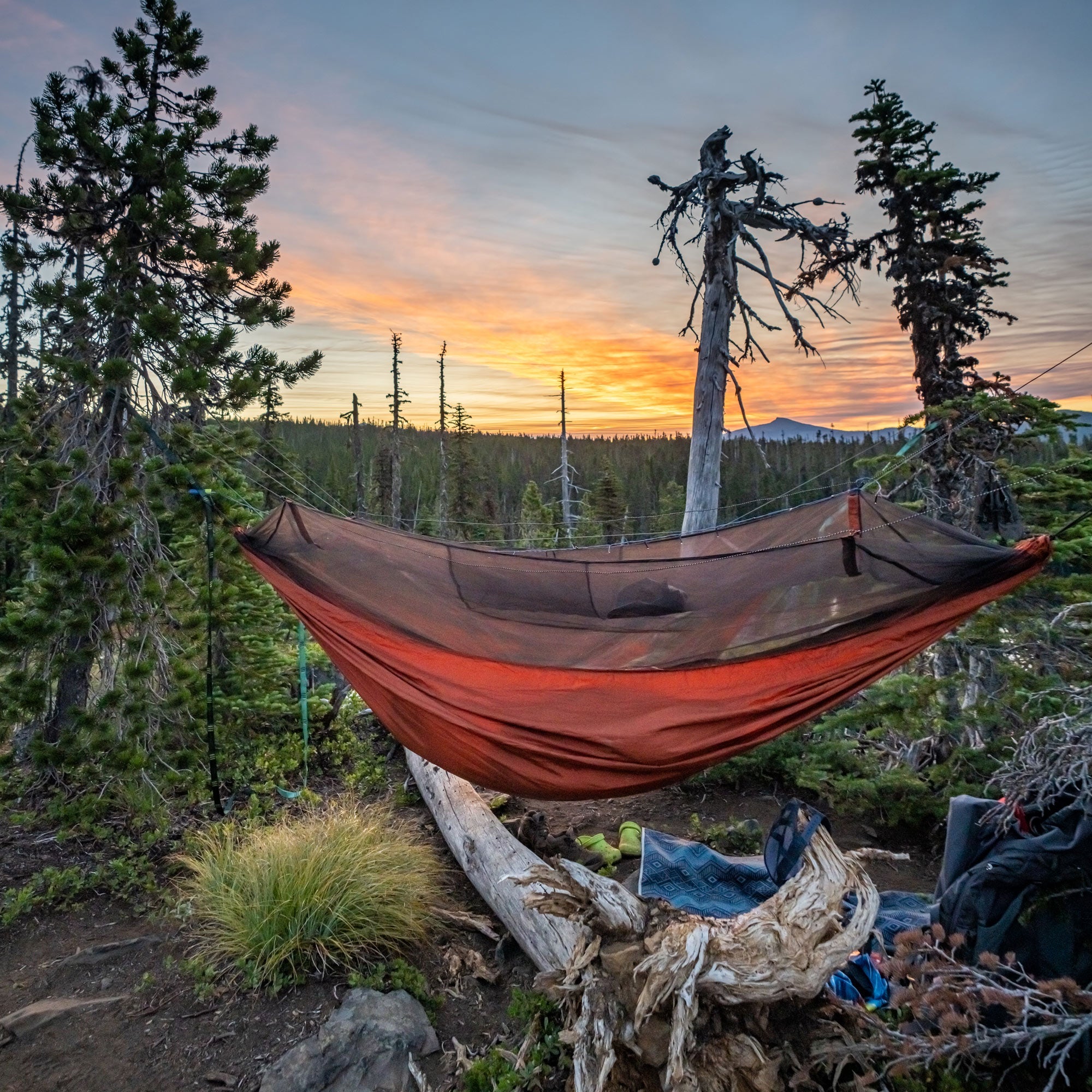 GrandTrunk Skeeter Beeter XT mosquito net hammock set up in a natural outdoor setting, showcasing its protective mesh design.