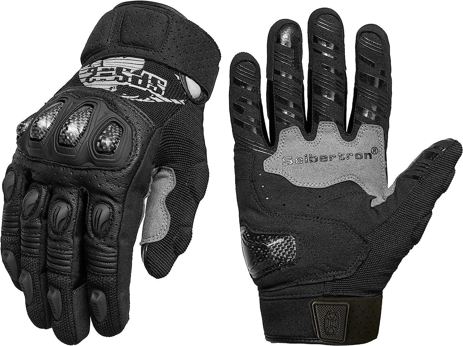 Seibertron™ SPS-2 carbon fiber touchscreen motorcycle gloves with reinforced knuckles and breathable fabric, designed for riders.