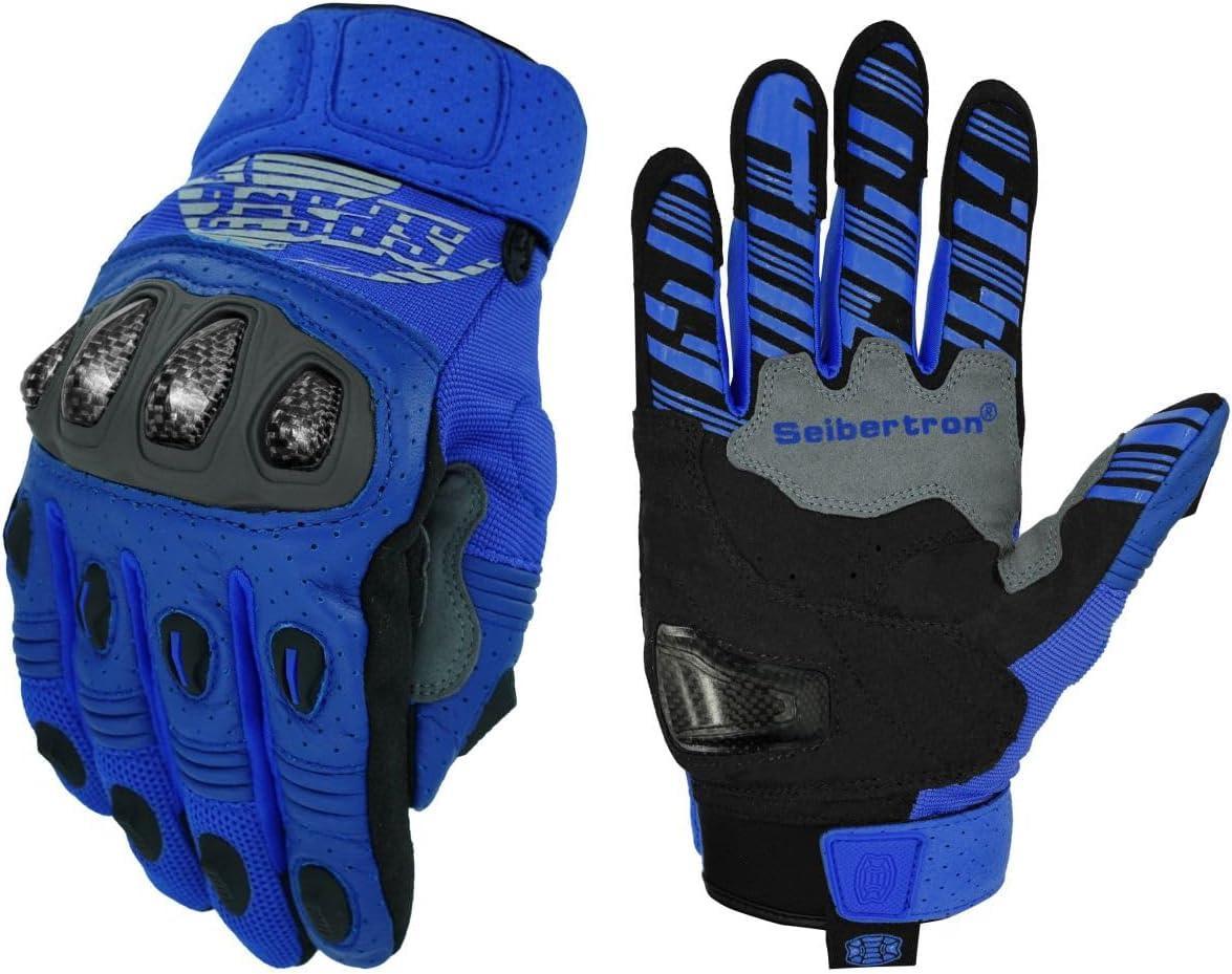 Seibertron™ SPS-2 carbon fiber touchscreen motorcycle gloves by Bean's Moto Booth, showing black gloves with reinforced carbon fiber details.
