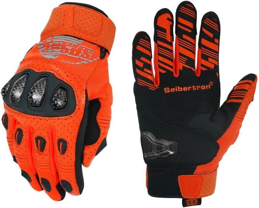 Seibertron™ SPS-2 carbon fiber touchscreen motorcycle gloves with reinforced palm and adjustable straps by Bean's Moto Booth.