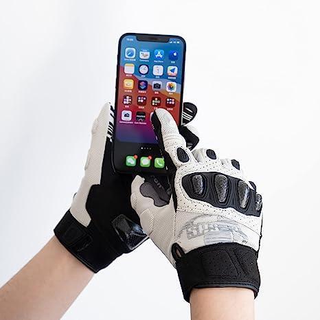 Seibertron™ SPS-2 carbon fiber touchscreen motorcycle gloves by Bean's Moto Booth, black gloves with reinforced knuckles and touchscreen fingertips.