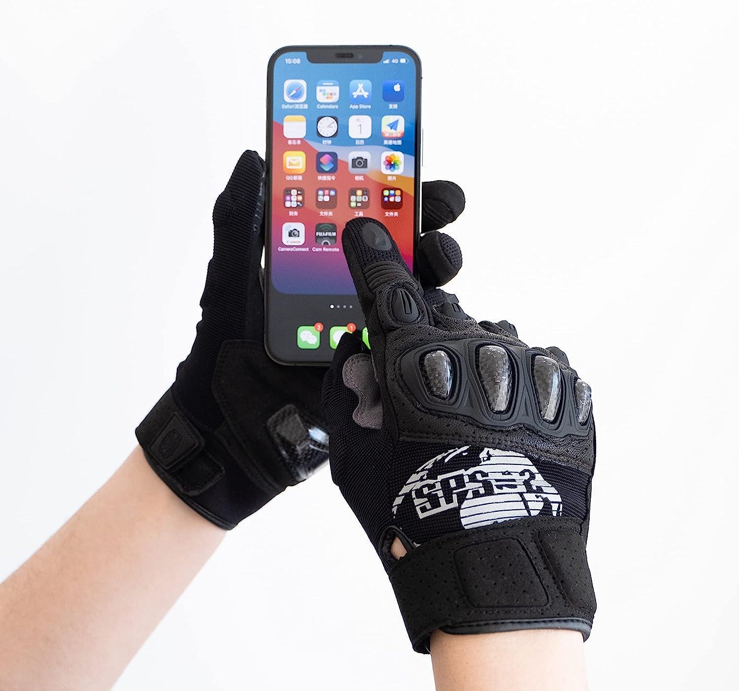 Seibertron™ SPS-2 Carbon Fiber Motorcycle Gloves by Bean's Moto Booth, black touchscreen gloves with carbon fiber details.