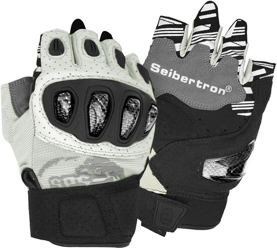 Seibertron™ SPS-5 carbon fiber half-finger motorcycle gloves with black design and reinforced palm for riding comfort.