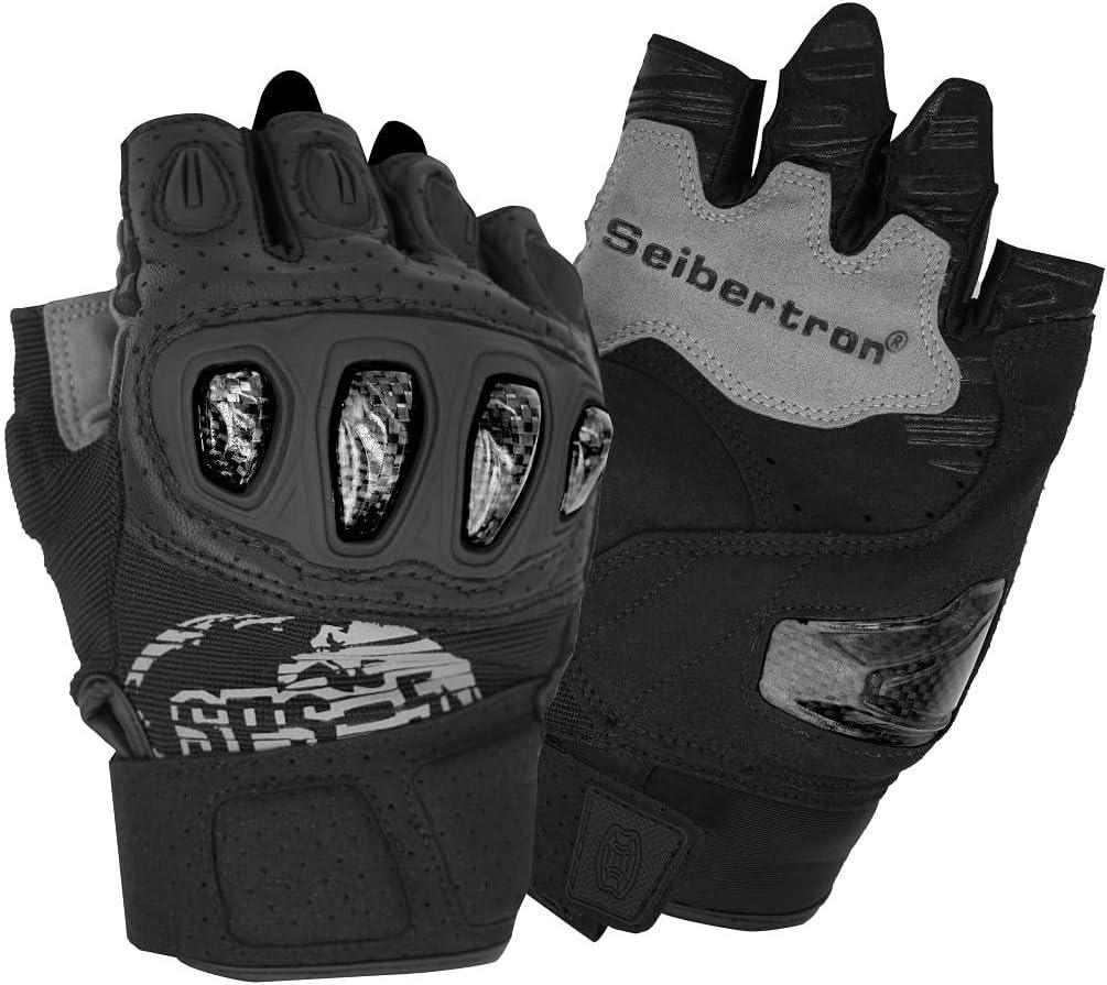 Seibertron™ SPS-5 carbon fiber half finger motorcycle gloves in black, showing textured grips and reinforced knuckles.