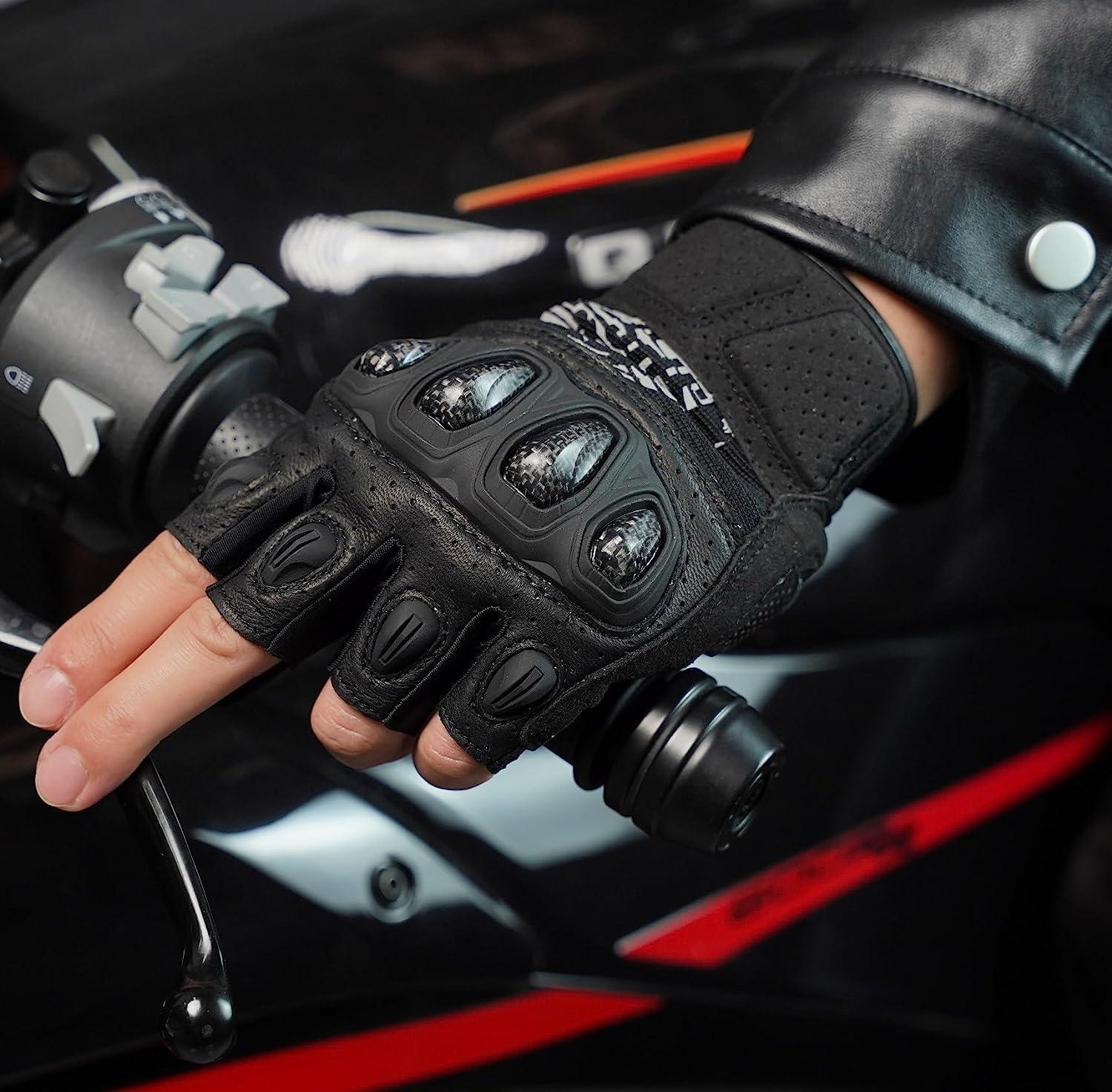 Seibertron™ SPS-5 carbon fiber half-finger motorcycle gloves with black design and reinforced palm for added grip and protection.