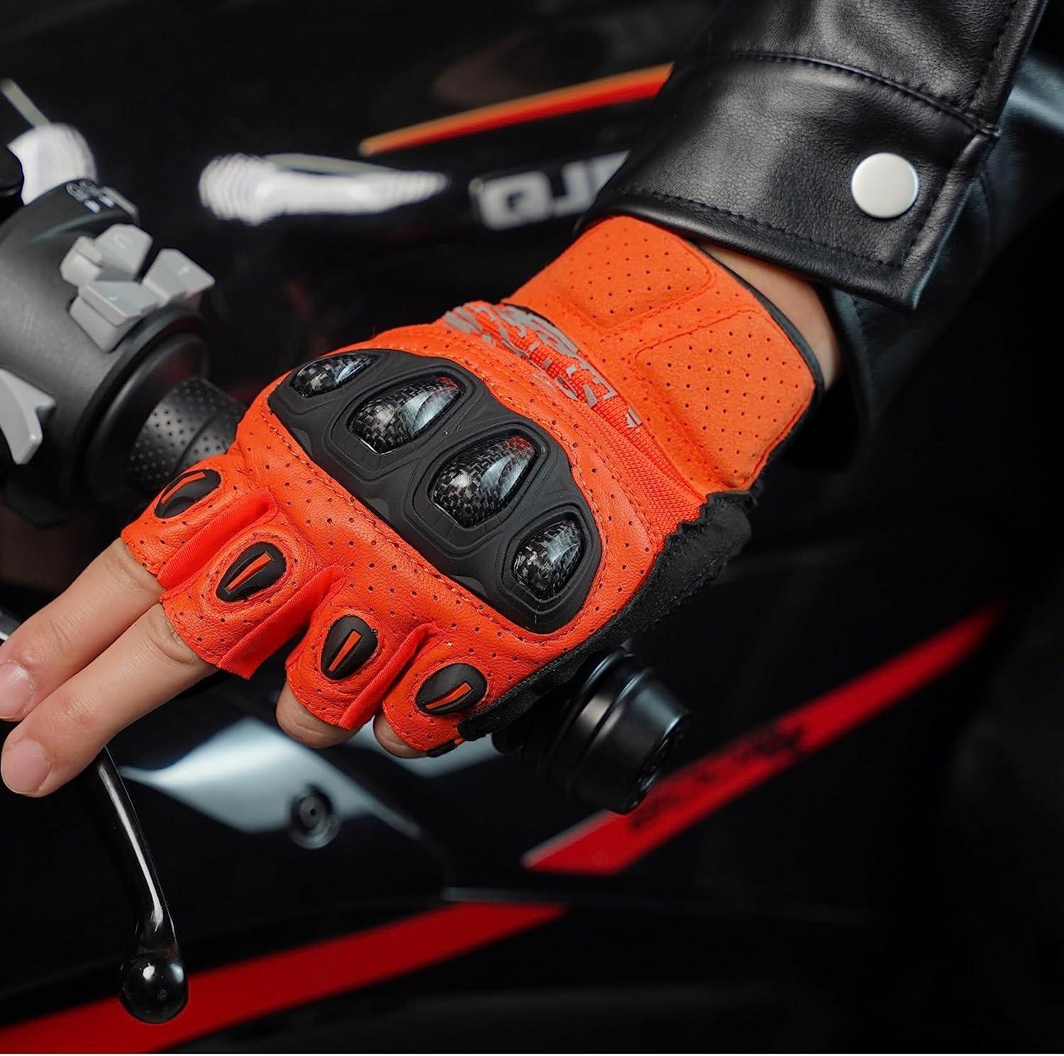 Seibertron™ SPS-5 carbon fiber half-finger motorcycle gloves with padded knuckles and breathable fabric for riding comfort.