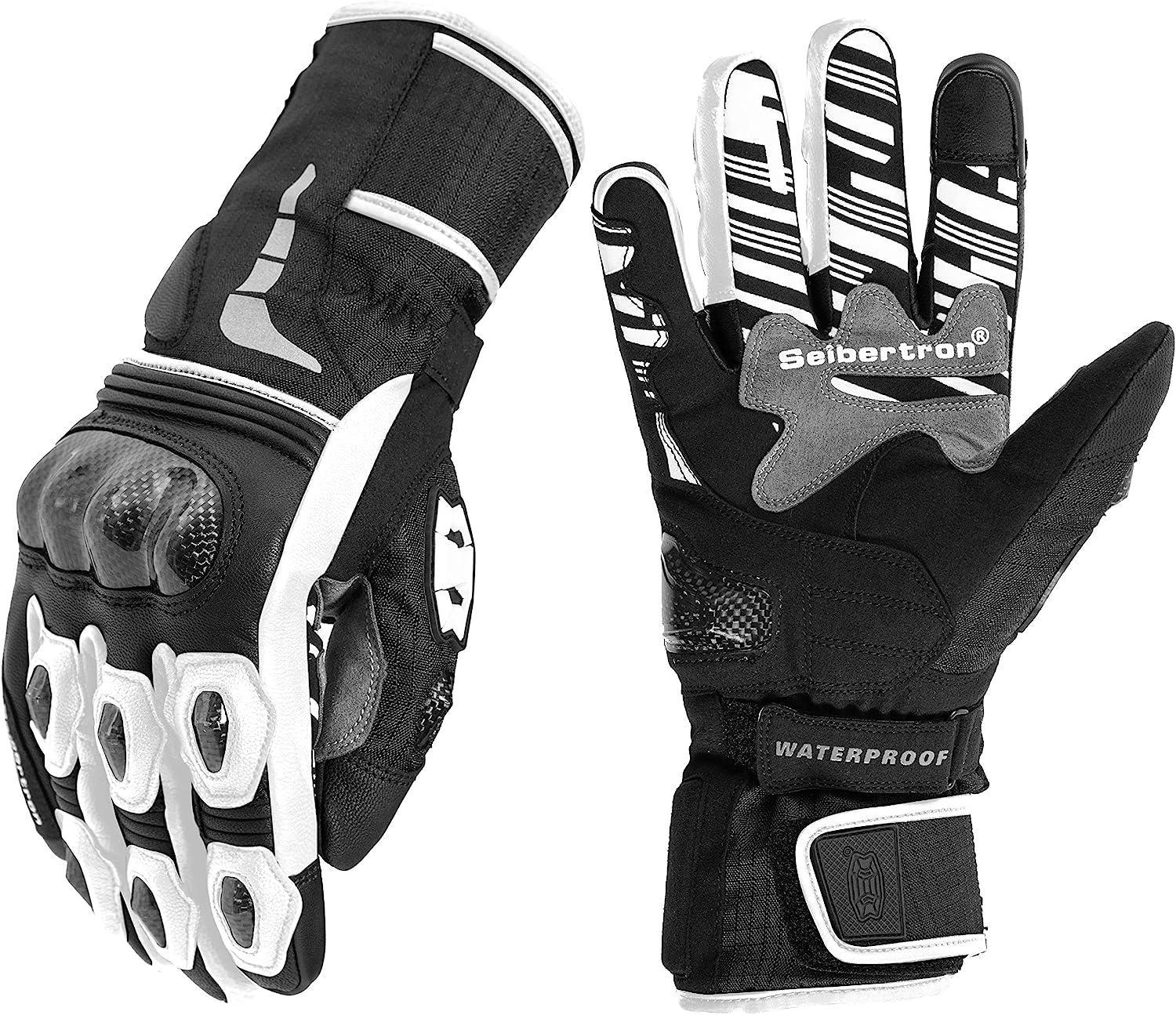 Seibertron™ SPW2 carbon fiber waterproof touchscreen motorcycle leather gloves with reinforced palms and secure wrist closure.