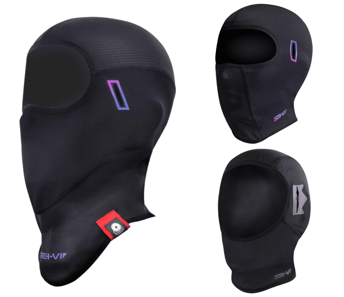 Bean's Moto Booth SEIVI™ anti-slip, anti-bacterial motorcycle balaclava shown in black, designed for comfort and protection during rides.