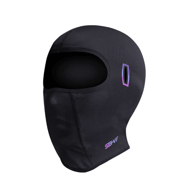 Bean's Moto Booth SEIVI™ motorcycle balaclava with anti-slip and anti-bacterial features, showing close-up of the black fabric design.
