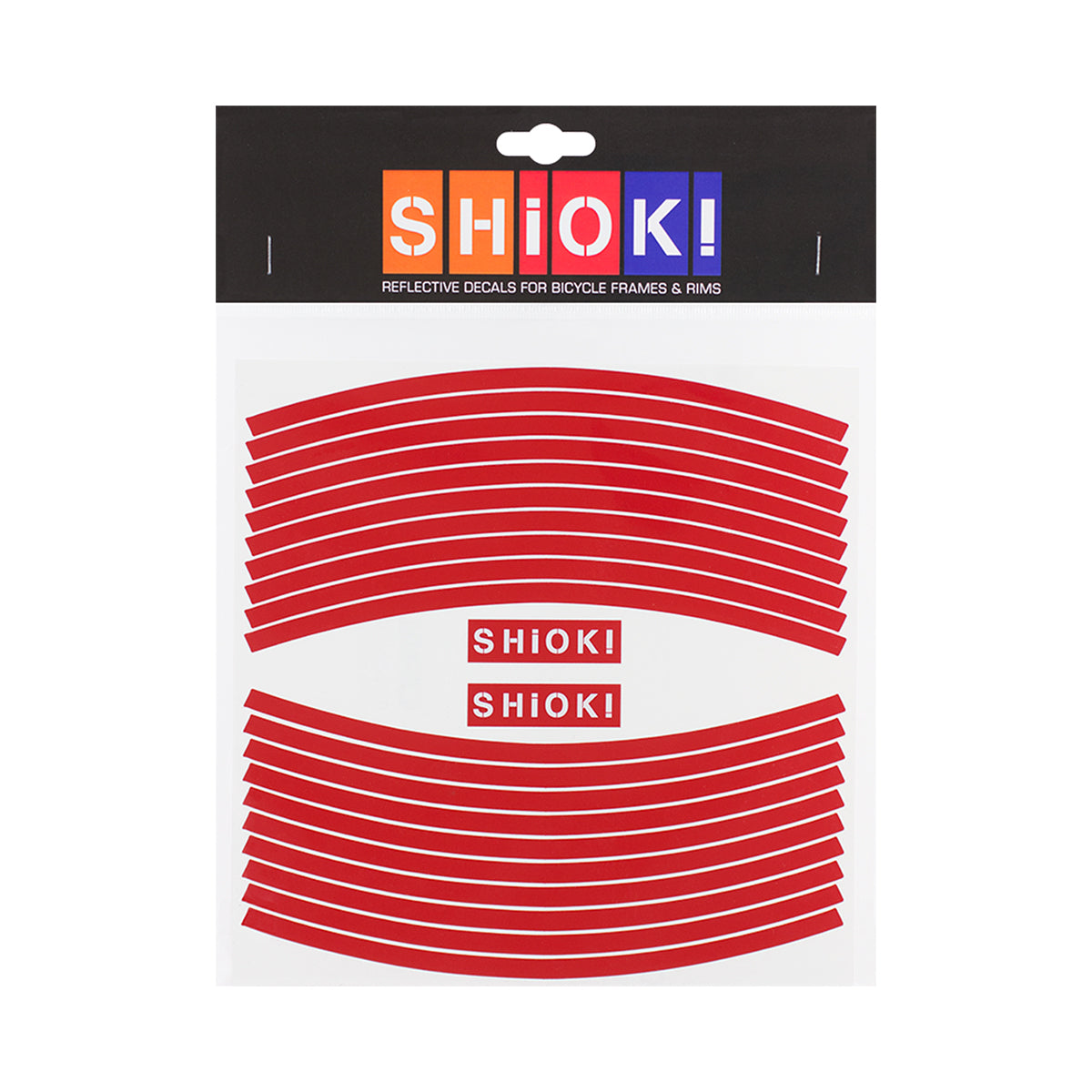 Red ZEITBIKE SHIOK straight rim reflectives installed on a bicycle wheel for increased visibility.
