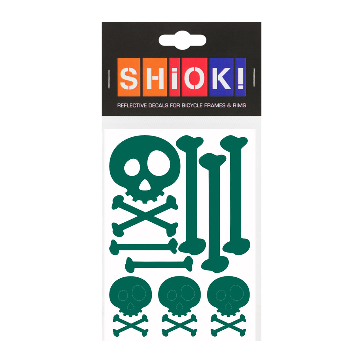 Green skulls frame reflective from ZEITBIKE SHIOK collection, showcasing vibrant skull design on a safety reflective accessory.