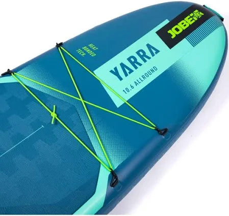 Backcountry Sportsman Yarra 10.6 Package steel blue inflatable kayak on water with paddles and pump visible.