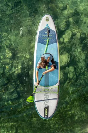 Backcountry Sportsman Yarra 10.6 Package steel blue inflatable kayak on water, showing its sturdy design and vibrant color.
