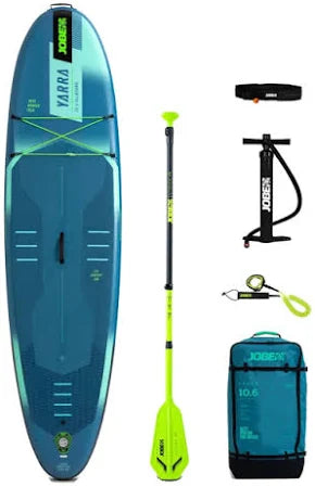 Backcountry Sportsman Yarra 10.6 package steel blue inflatable kayak on water with paddles and gear, ready for outdoor adventure.