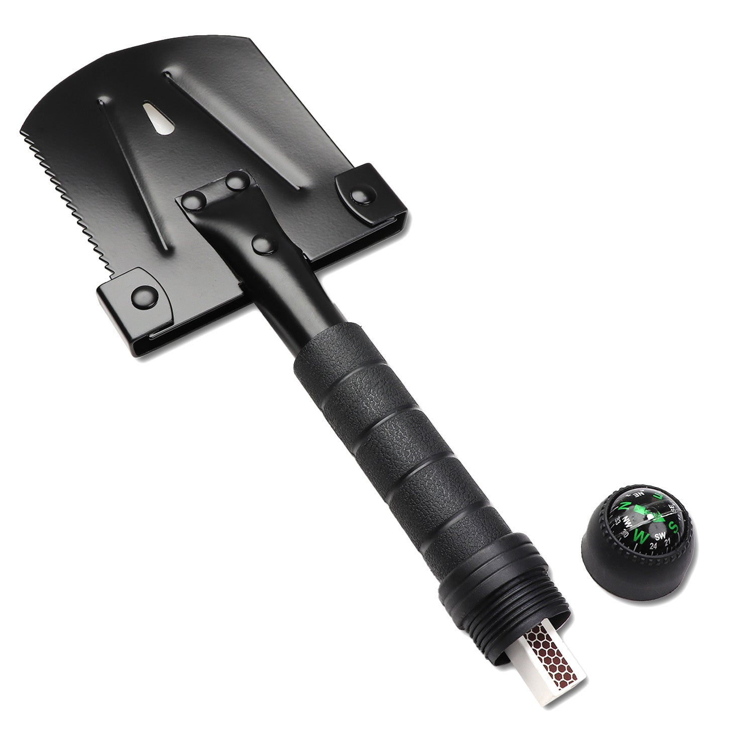 Compact multi-function survival shovel with foldable design, integrated compass, and survival kit in the handle for outdoor emergencies.