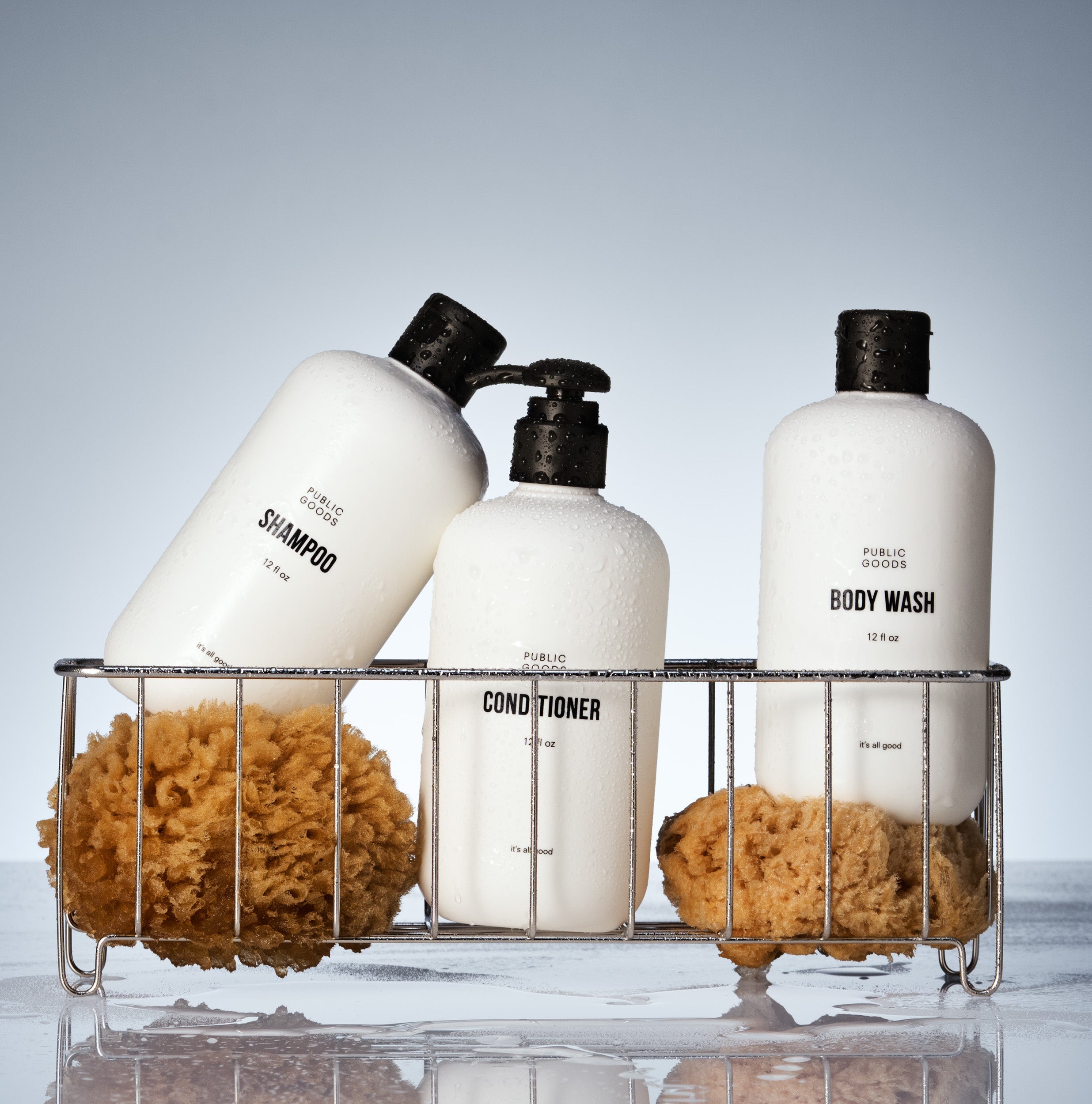 Public Goods shower essentials set with shampoo, conditioner, body wash, and loofah in a clean, organized collection.