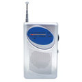 Silver portable AM/FM handheld radio with telescoping antenna, battery-powered emergency radio for light communication.
