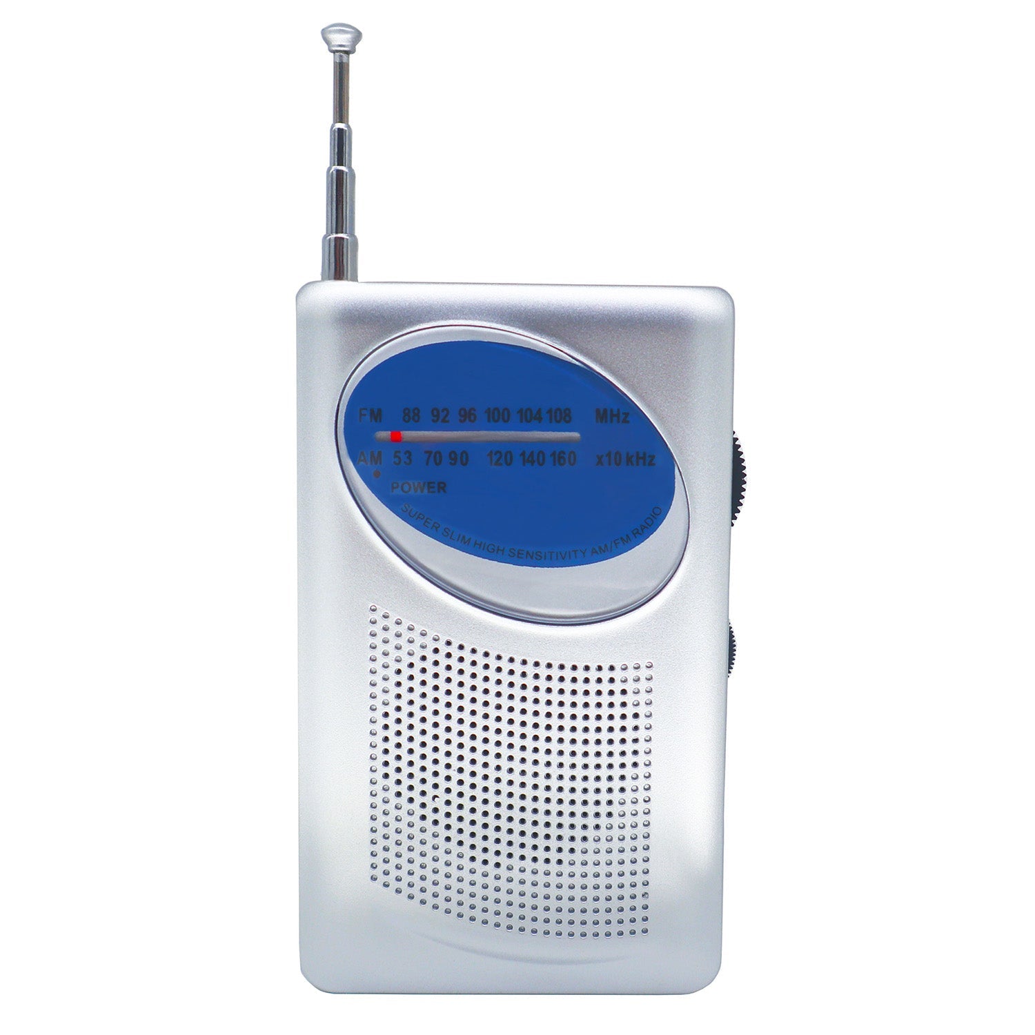 Silver portable AM/FM handheld radio with telescoping antenna, battery-powered emergency radio for light communication.