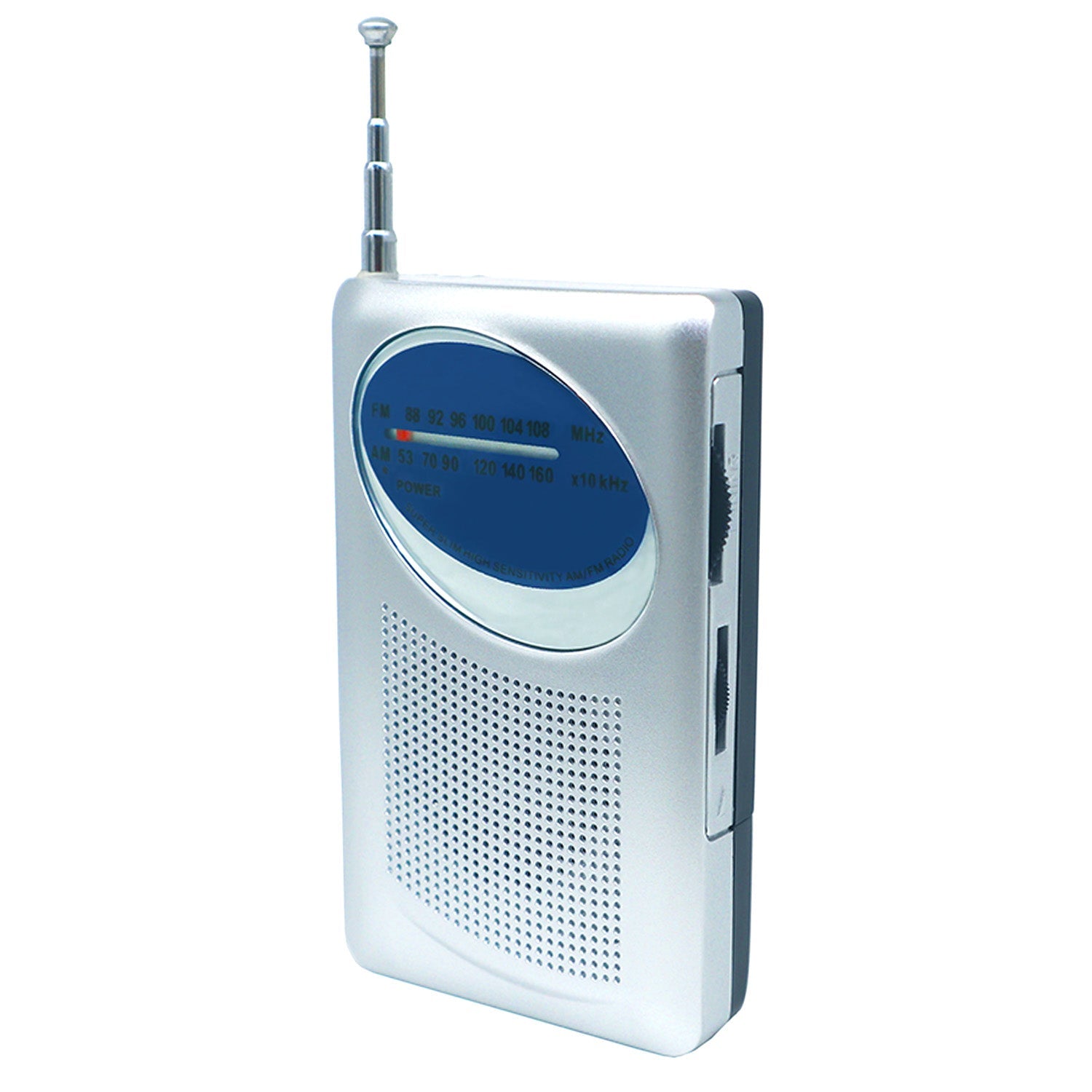 Silver handheld AM/FM radio for survival kits and emergencies, portable battery-powered emergency communication device.